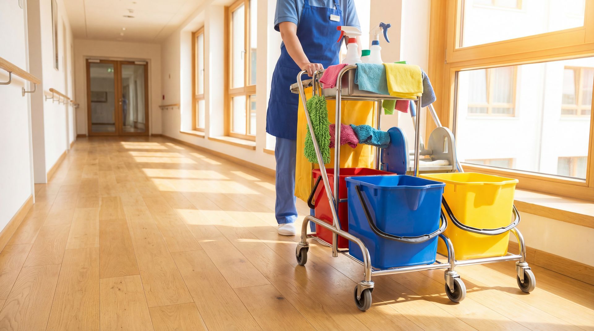 A professional janitorial cleaning trolley in a bright hospital corridor.