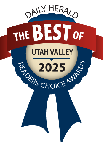 Daily Herald “Best of Utah Valley 2025” Readers Choice Awards ribbon badge in red, blue, and gold