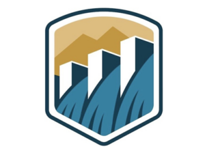 Shield logo with blue and gold stylized mountains and vertical white bars