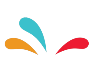 Three colorful curved brushstrokes in teal, orange, and red on a white background