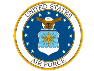 United States Air Force seal with eagle, shield, and stars on a blue circular emblem