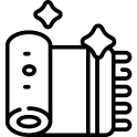 Black line icon of a rolled carpet or mat with sparkles, suggesting cleaning or tidiness.