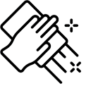 Hand wiping a surface with sparkle icons, indicating cleaning or disinfecting.