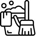 Black outline of a bucket, sponge, and broom, suggesting cleaning tools.