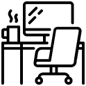Minimal line icon of a desk with a steaming mug, computer monitor, chair, and desk lamp