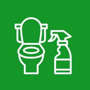 White toilet and spray bottle icons on a green background.