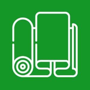 White outline of a backpack and rolled sleeping bag on a green background