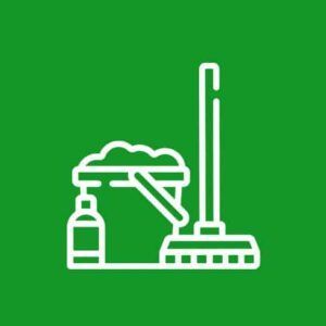 Green cleaning icon with mop, bucket, spray bottle, and duster on a solid green background