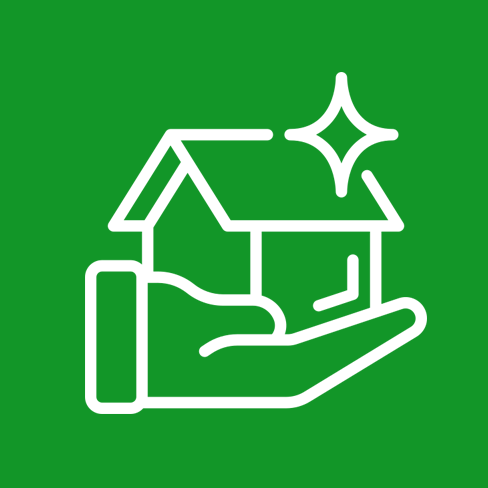 White line icon of a house in a hand with a sparkle on a green background