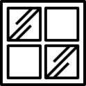Four black-outlined squares in a 2x2 grid; top-left and bottom-right have diagonal lines.