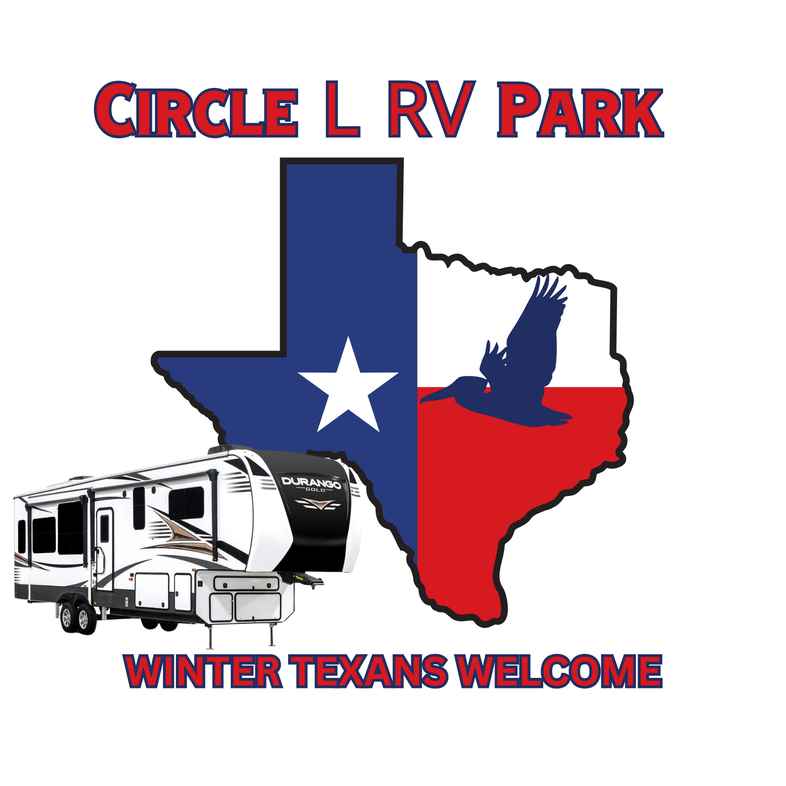 A logo for circle l rv park with a texas flag and a rv