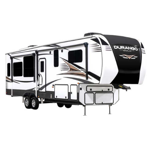 A white and black rv on a white background.