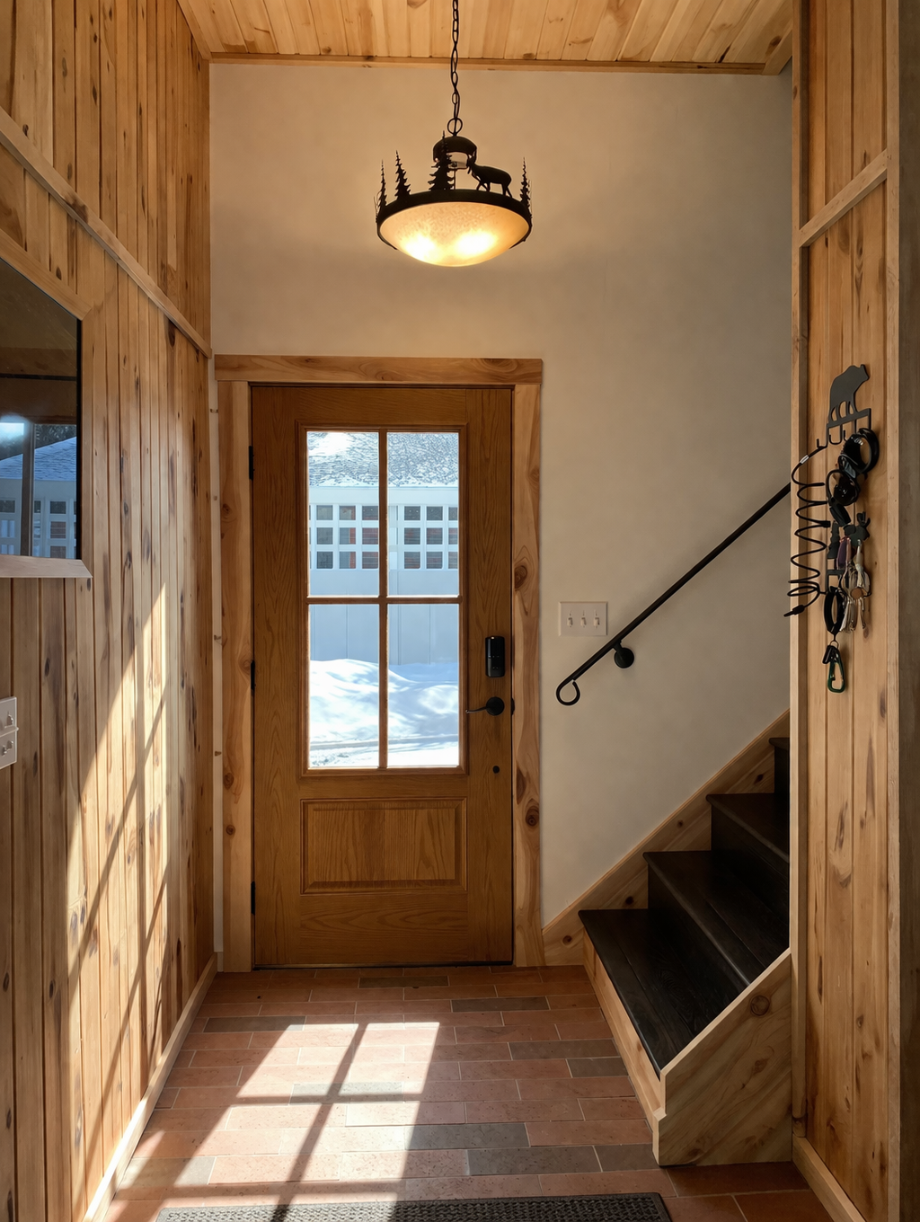 Sunlit rustic entryway with wood paneling, staircase, and a glass-paneled front door