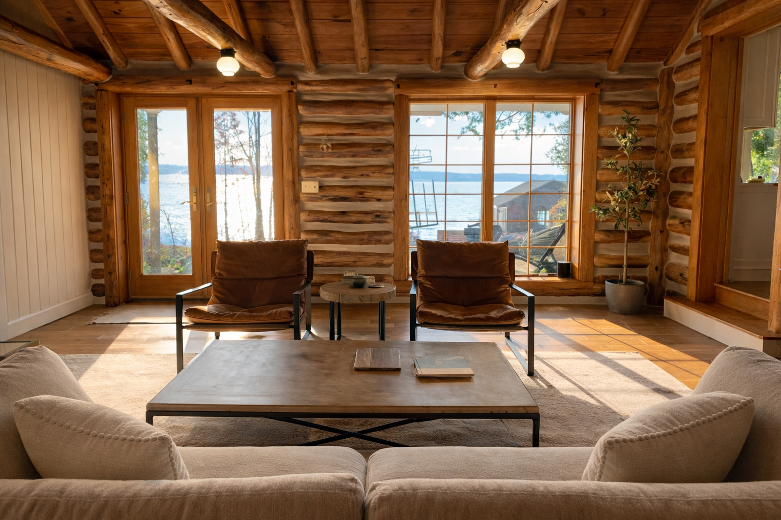 Rustic log cabin living room with sofas, armchairs, coffee table, and large windows overlooking mountains