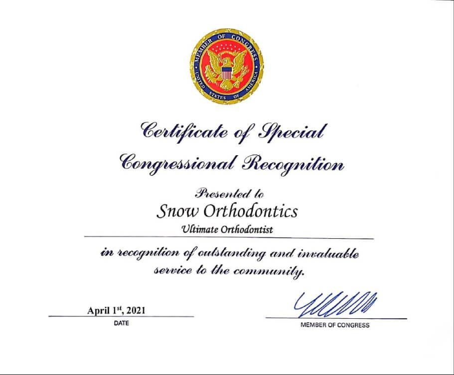 Certificate of Special Congressional Recognition for Snow Orthodontics with official seal and signatures