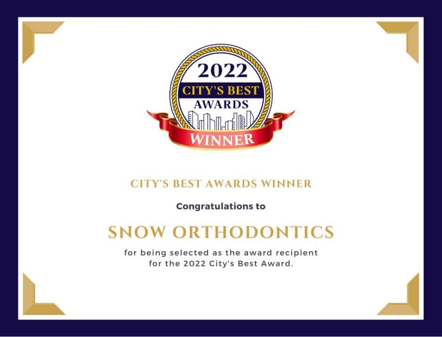 City’s Best Awards Winner certificate for Snow Orthodontics with gold and purple accents