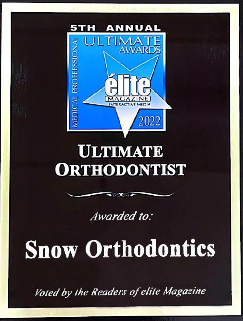 Award plaque for Ultimate Orthodontist, awarded to Snow Orthodontics by Elite Magazine