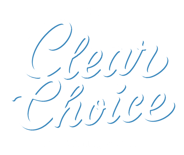 Blue cursive “Clear Choice” text on a white background