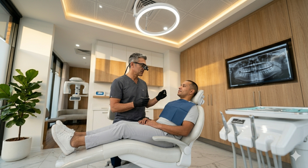 Dental professional examining a seated patient in a modern clinic with warm wood accents and a wall-mounted screen