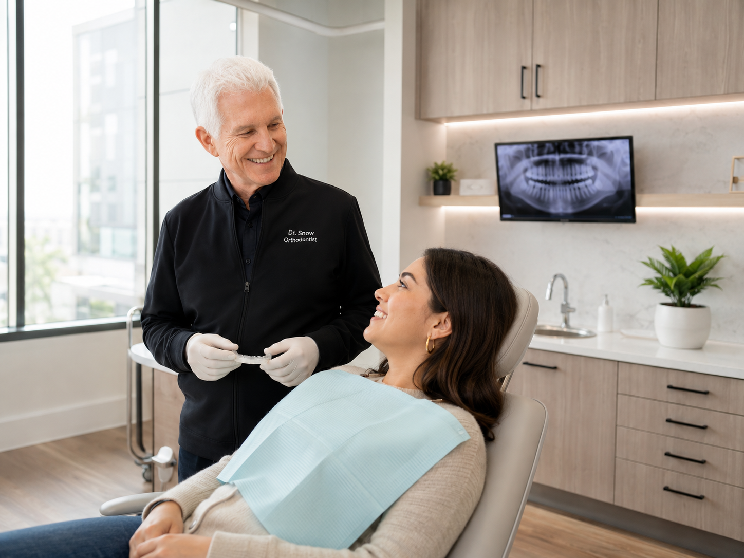Dentist smiling at patient in a modern dental office, holding tools beside a reclining chair