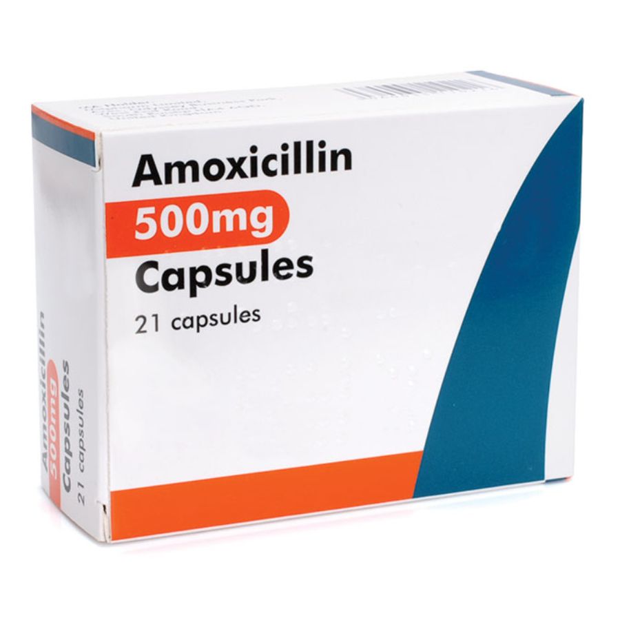 Amoxicillin 500mg capsules box, white with orange and blue accents
