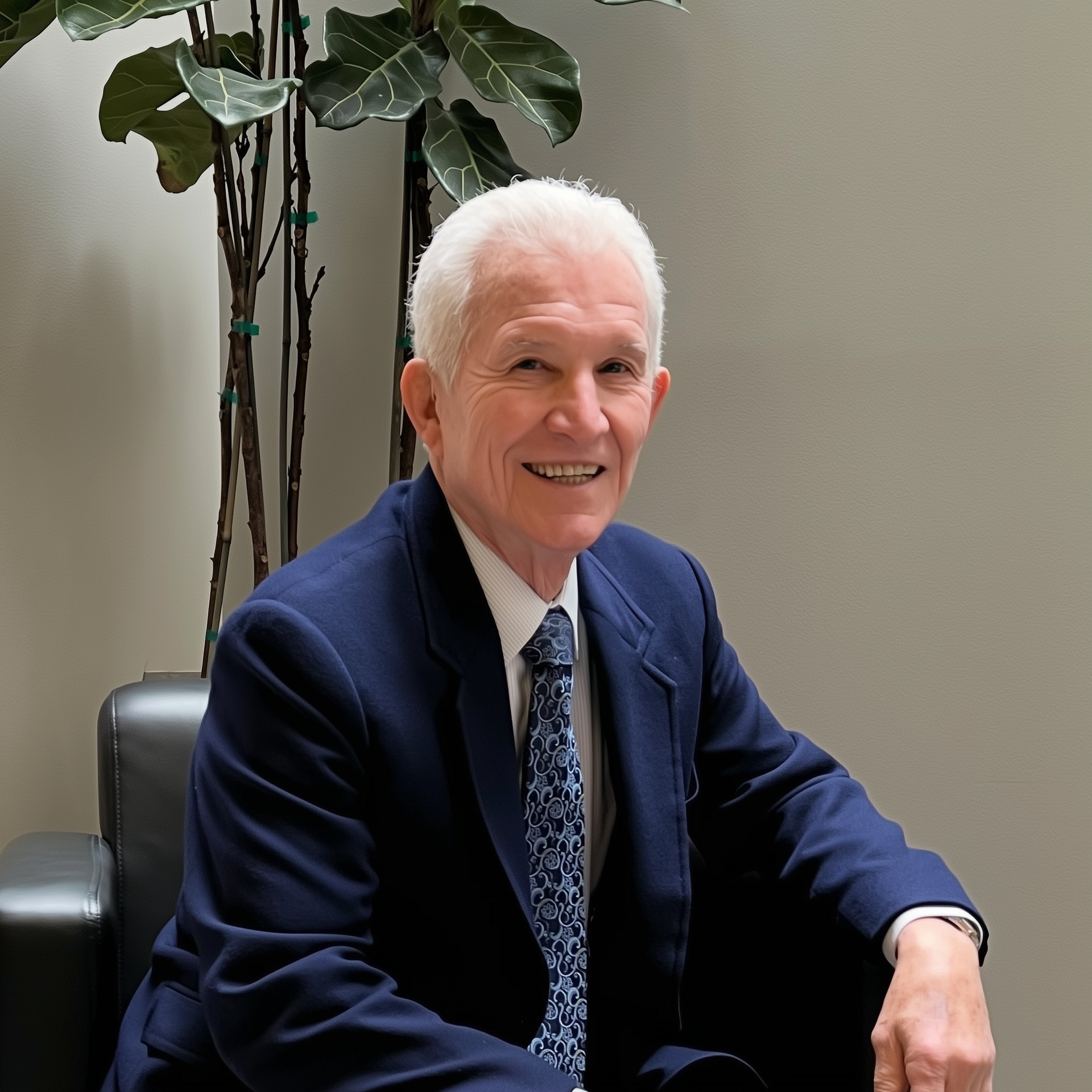 Smiling person in a navy suit seated indoors beside a tall potted plant