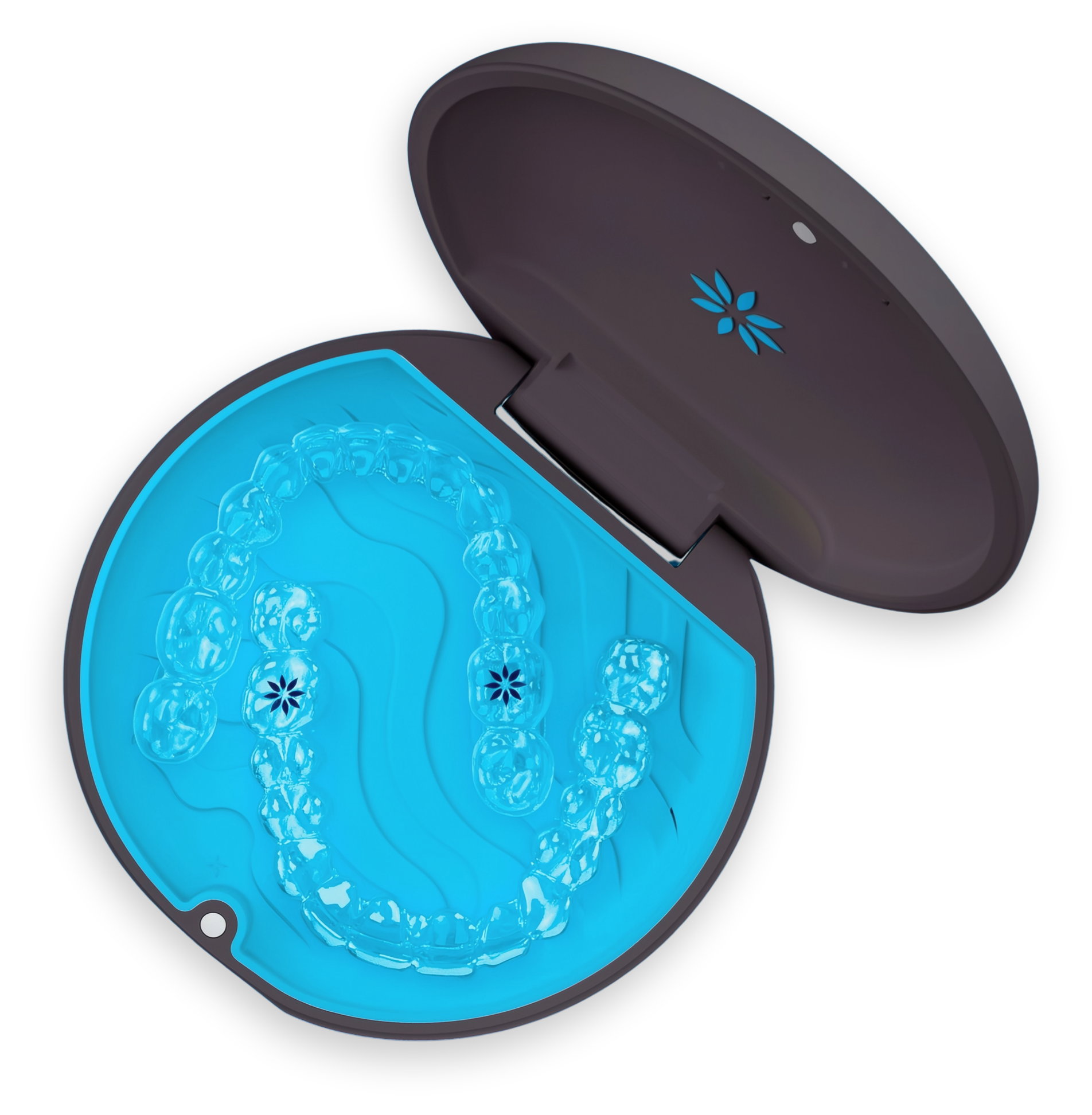Open blue round case with a translucent blue insert and dark purple lid, shown open on a white background