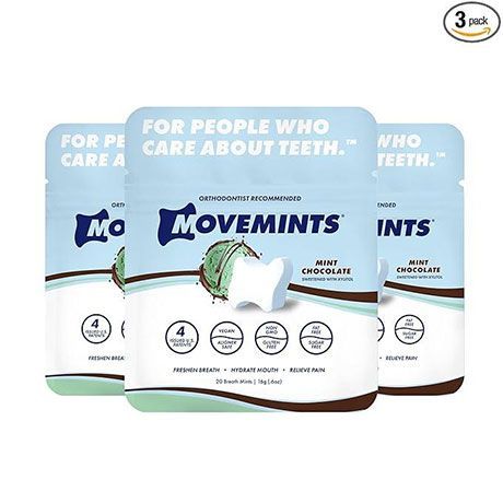 Three-pack of Movemints mint chocolate packs on a white background, blue and white packaging.