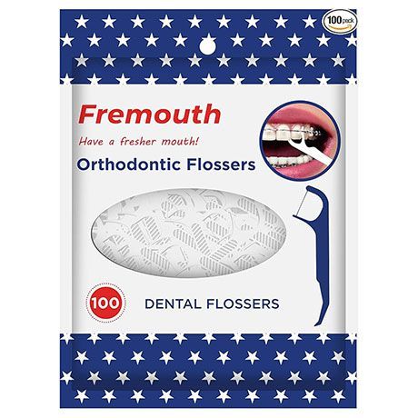 Fremouth orthodontic flossers pack, white with blue stars and red text, showing 100 dental flossers
