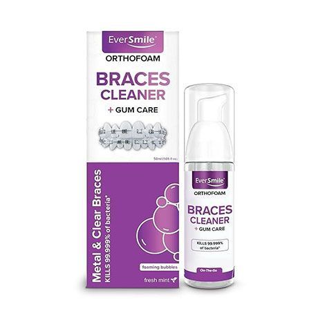 Purple and white orthodontic braces cleaner box and bottle with gum care branding
