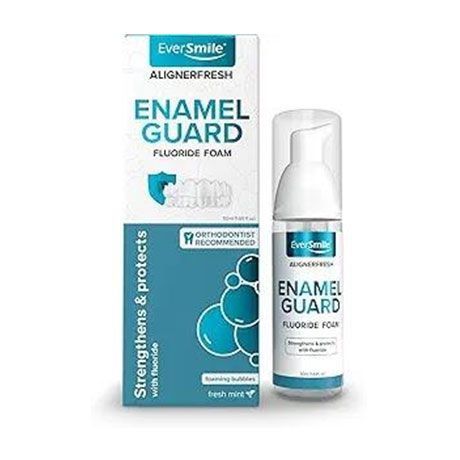 EverSmile Enamel Guard fluoride foam box and spray bottle in teal and white packaging
