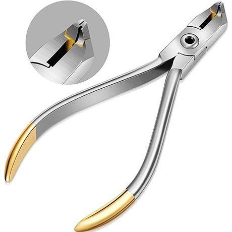 Metal nail clipper with gold-tipped handles, shown open on a white background.