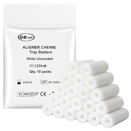 Box and pile of white unscented aligner chewies tray seaters, 10-pack, on a white background