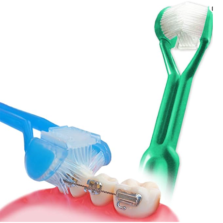 Orthodontic cleaning tools brushing braces on teeth, shown in blue and green