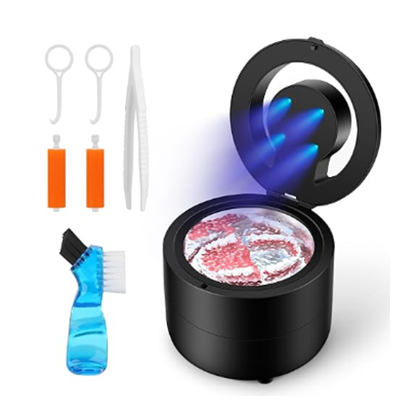 Black electric retainer cleaner with brushes, tweezers, spray bottle, and open spinning cleaning wheel