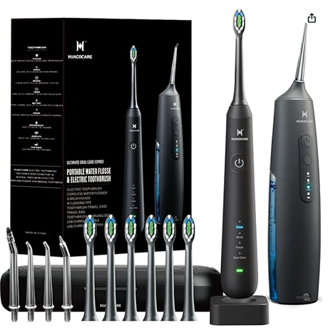 Black electric toothbrush set with multiple brush heads, charger, and travel case on white background