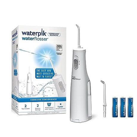 Waterpik Cordless Water Flosser kit with white device, tip, and three blue batteries on white background