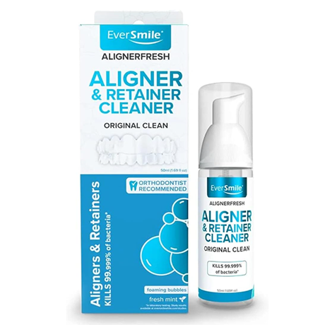 EverSmile Aligner & Retainer Cleaner spray bottle and box in white and blue packaging