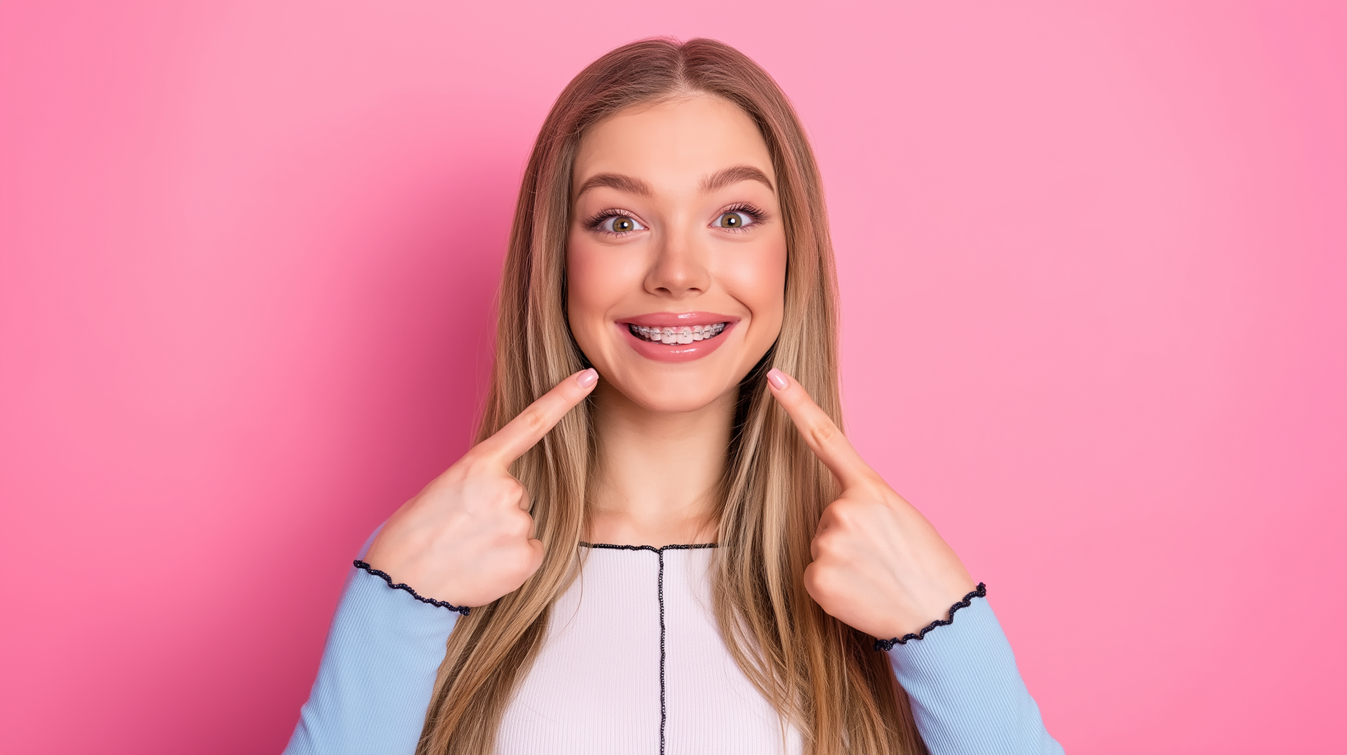 Smiling person in a light blue top pointing at their cheeks against a pink background