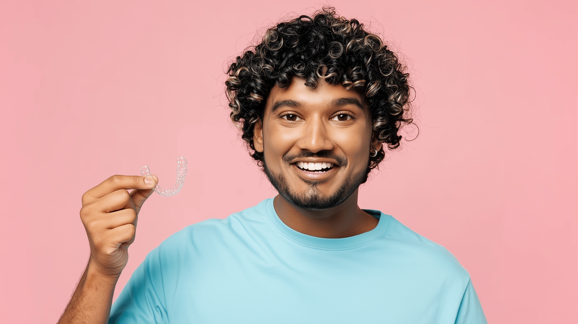 Smiling person with curly hair in a light blue shirt holding a tiny object against a pink background