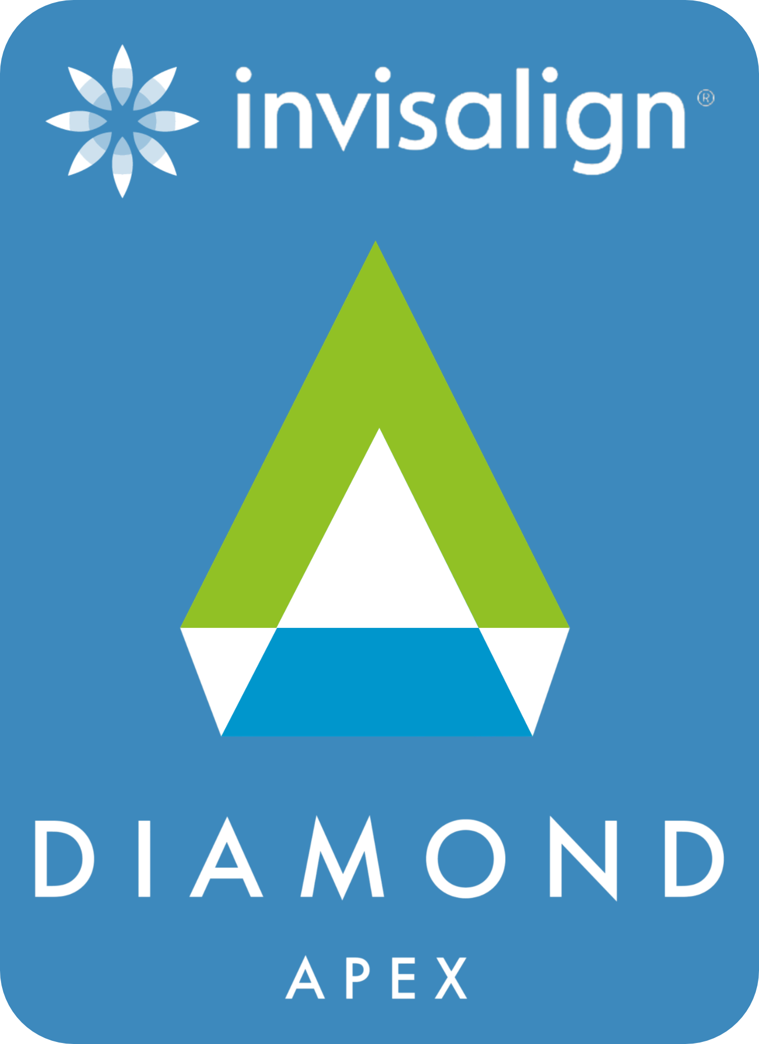 Invisalign Diamond Apex logo with green and blue geometric diamond on blue background