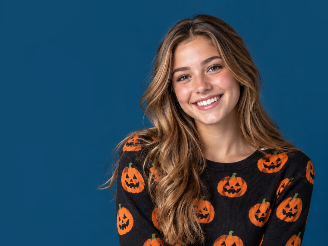 Smiling woman in black pumpkin-pattern sweater against a blue background