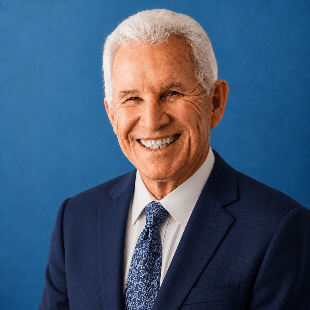 Smiling man in a navy suit and patterned tie against a blue background