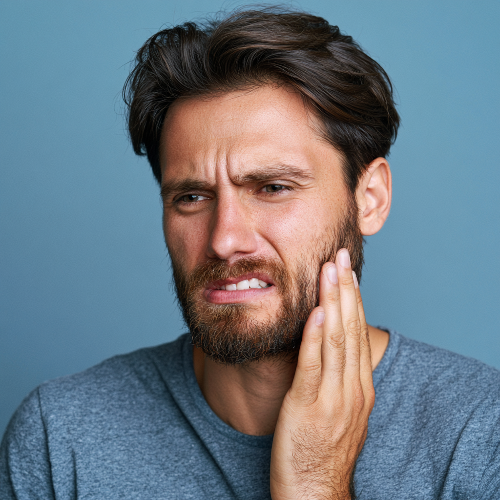 Man grimacing and holding his cheek in pain against a blue background