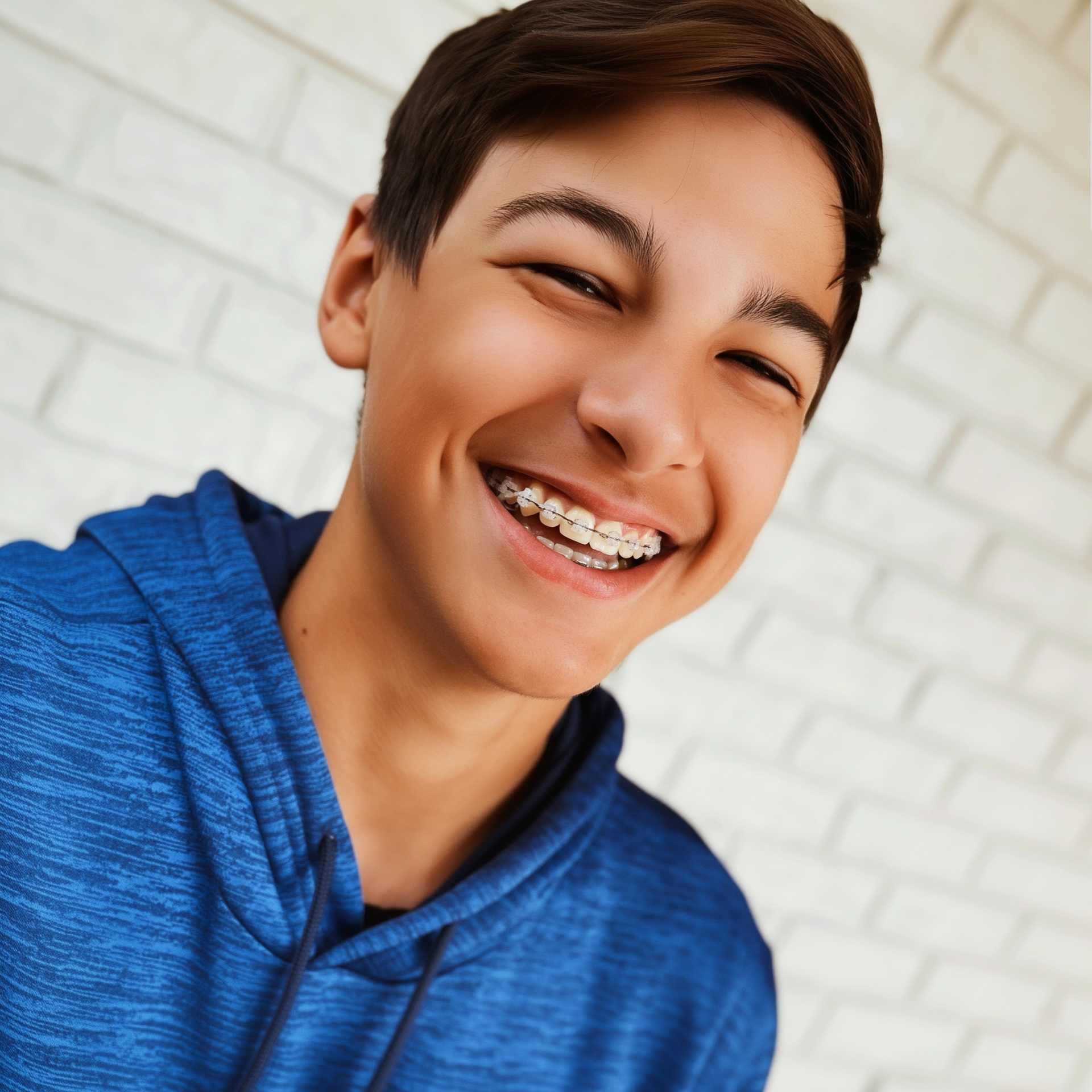 Smiling teen in a blue hoodie, showing braces against a light brick wall