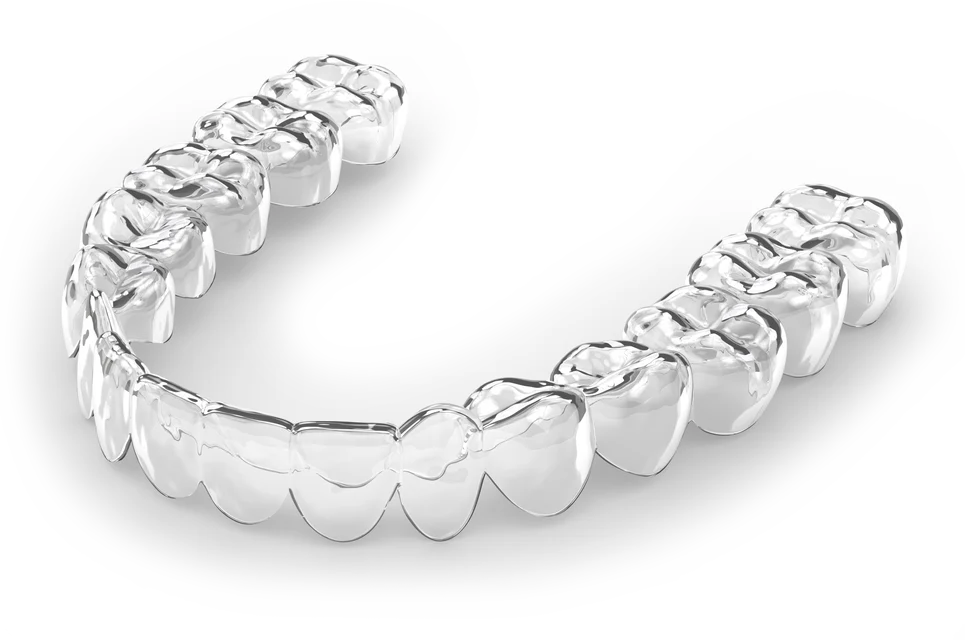 Clear plastic dental aligner tray on a white background