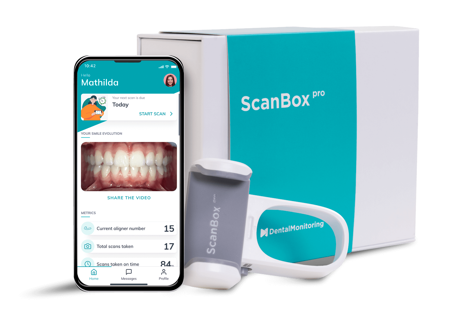 ScanBox Pro dental scanner kit with smartphone app, scanner wand, and branded box on white background
