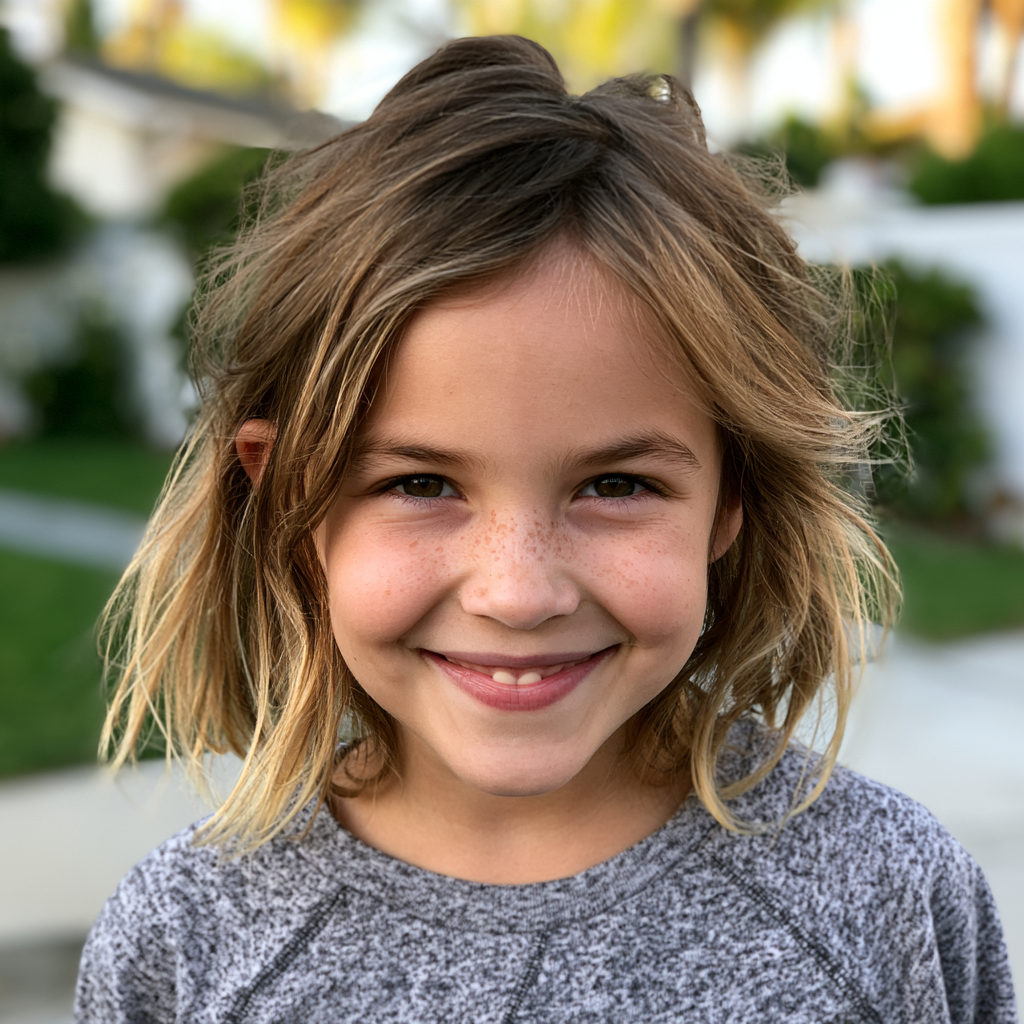 Smiling child with tousled hair in a gray shirt, standing outdoors with a blurred background