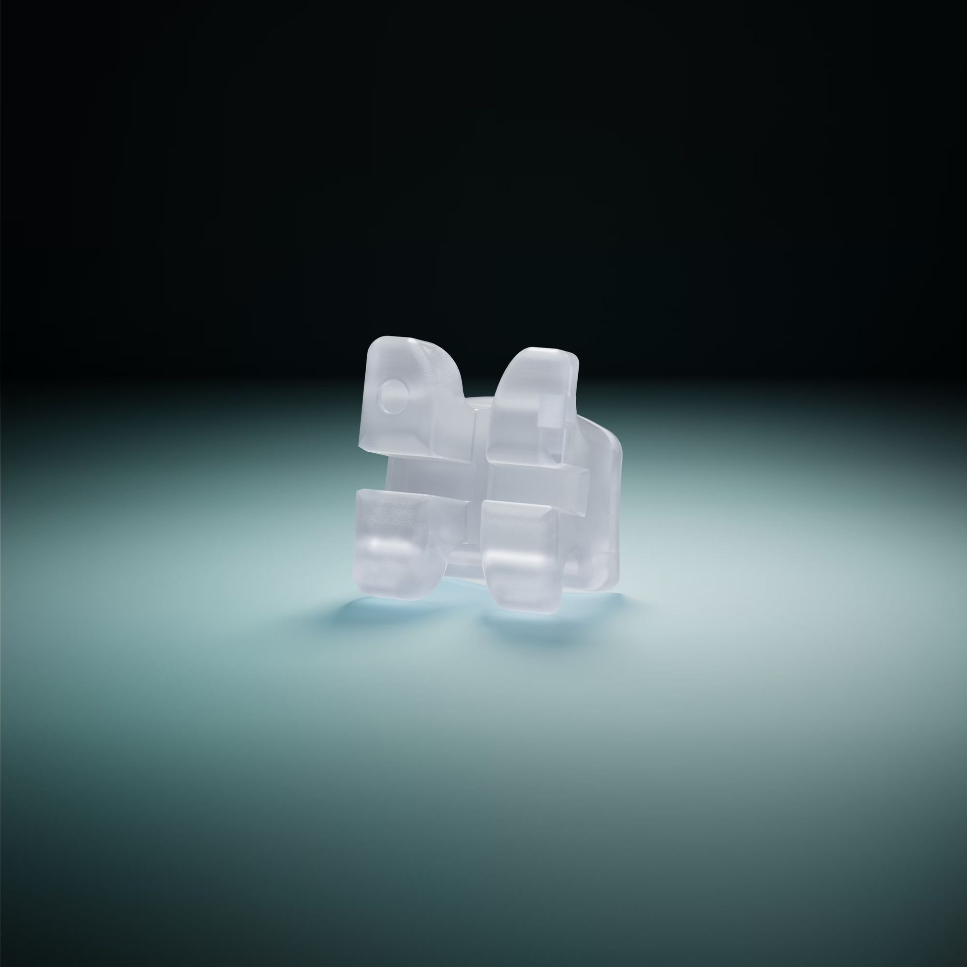 Transparent ice-like chair on a dark background with a soft blue glow
