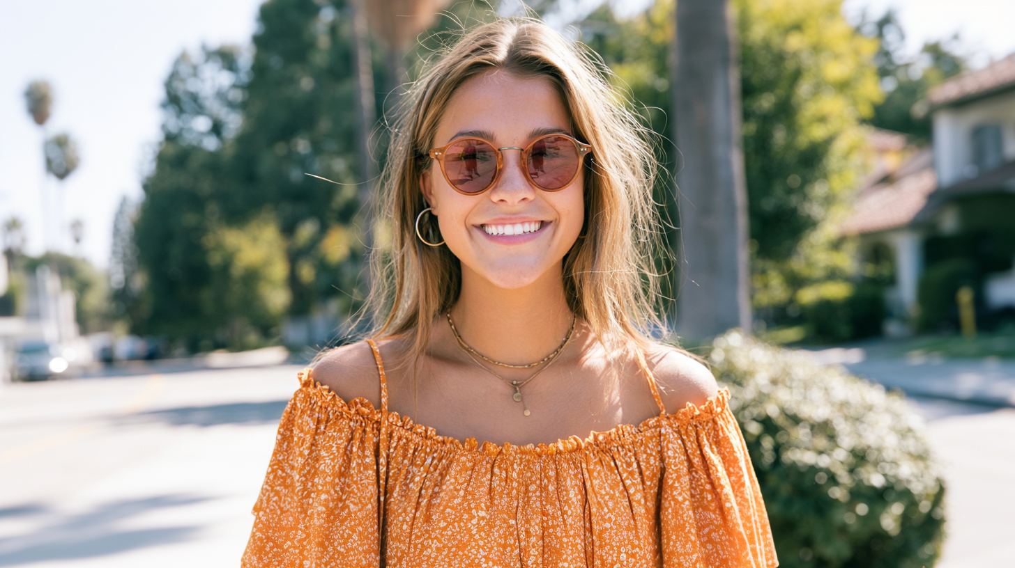 Smiling person in an orange off-shoulder top and sunglasses standing on a sunny residential street